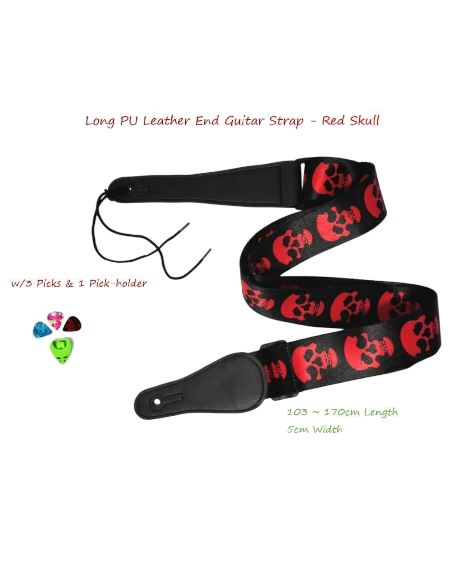 Long PU Leather End Guitar Strap, Length Adjustable 103~170cm, "Red Skull", GSRED