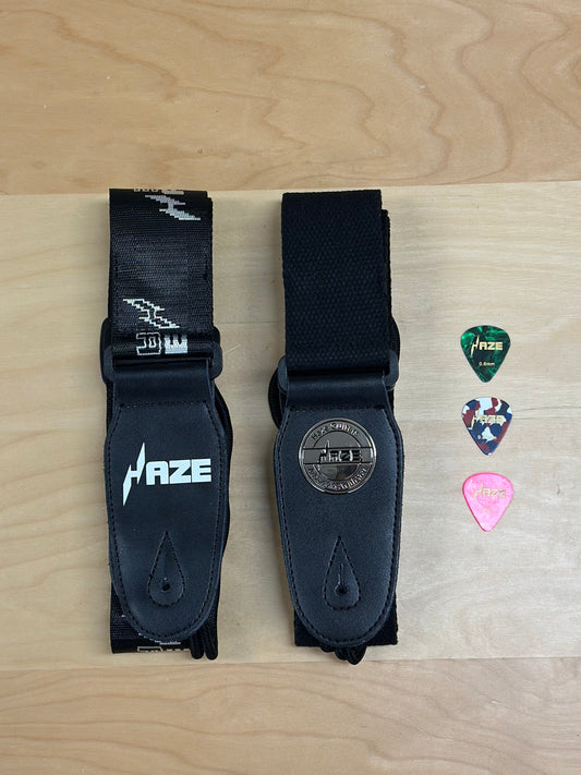 Haze Cotton + Genuine Leather End Guitar Strap with Pick Pocket, Adjustable Length + 3 Picks