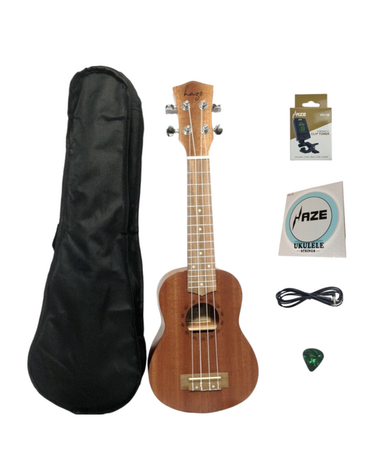 Haze HAU21/EQ All-Mahogany Soprano Ukulele 21" + Free Gig Bag, Extra Strings, Pick, Tuner