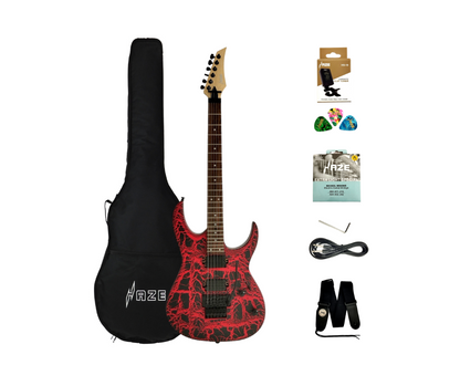 Haze Floyd Rose HH Cracked Molten Lava HRC Electric Guitar - Red HCJS19600