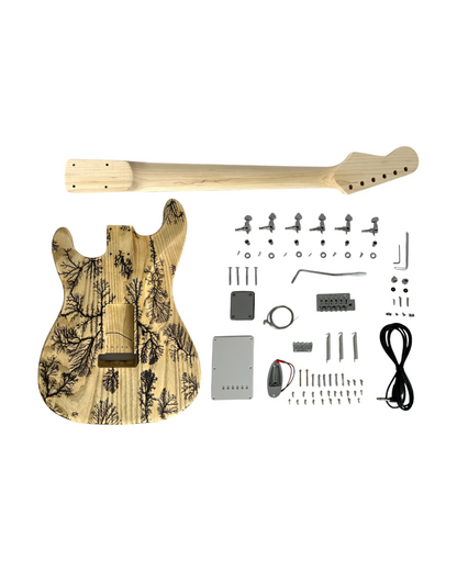 HDE200FLASHDIY Fractal Burning Solid Ash Body Electric Guitar DIY Kit, SSS, No-Soldering