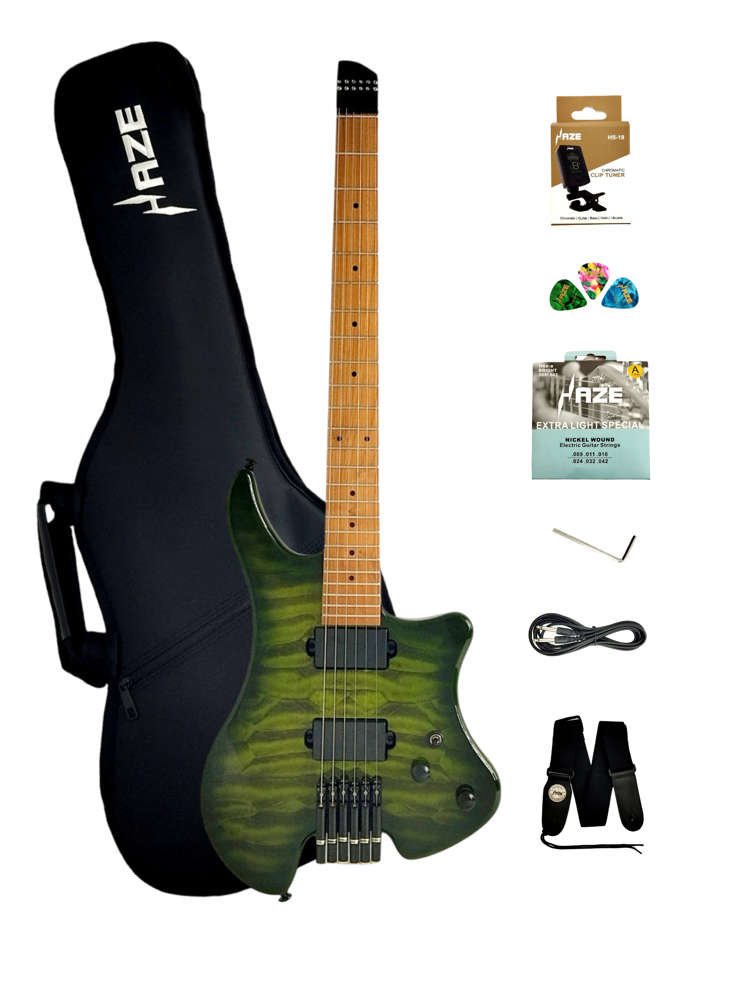 Haze HL1A Deep Green Headless Electric Guitar with Dual Humbuckers