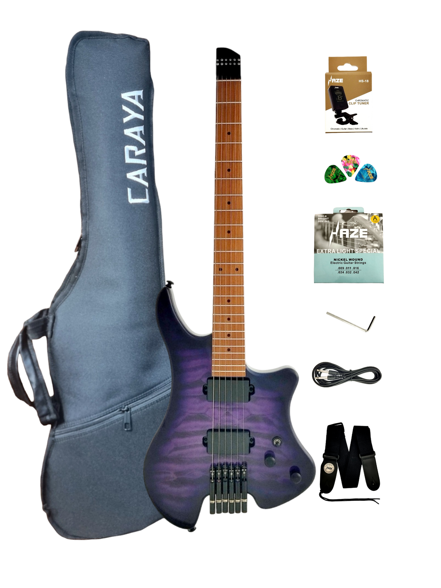 Caraya Headless HH Maple HHL Electric Guitar - Purple HL1APQTPU