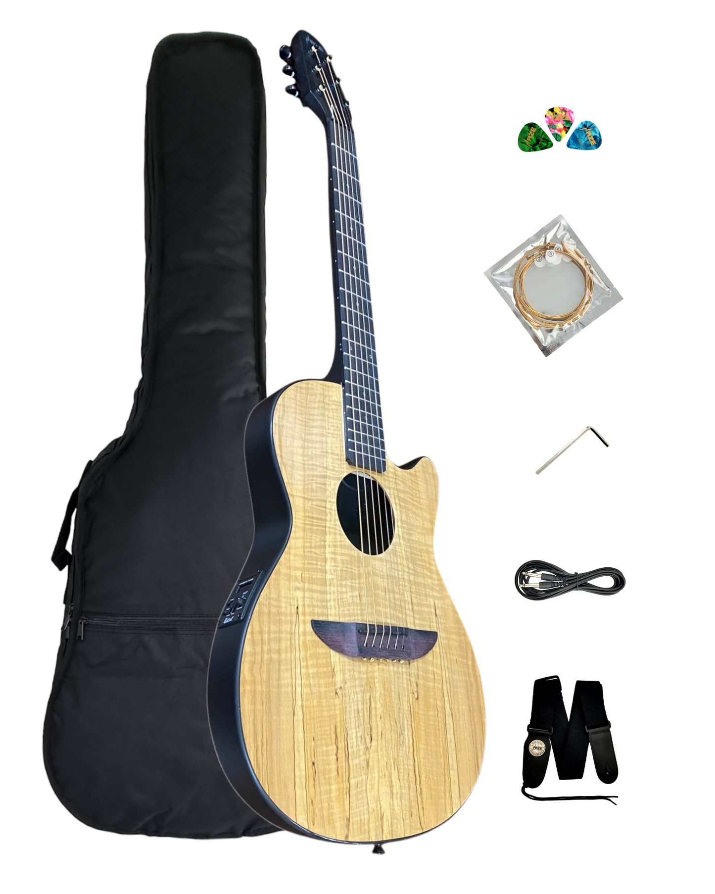 Haze 38" Roundback Traveller Acoustic Guitar w/ Built-In Belcat EQ & Tuner in Natural - HSDP836CEQGC