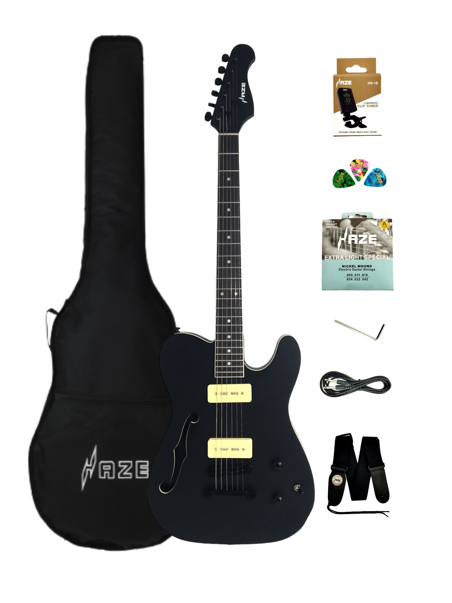 Midnight Muse: Haze Semi-Hollow M-90 Pickup HTL Electric Guitar- Black HSE501BK