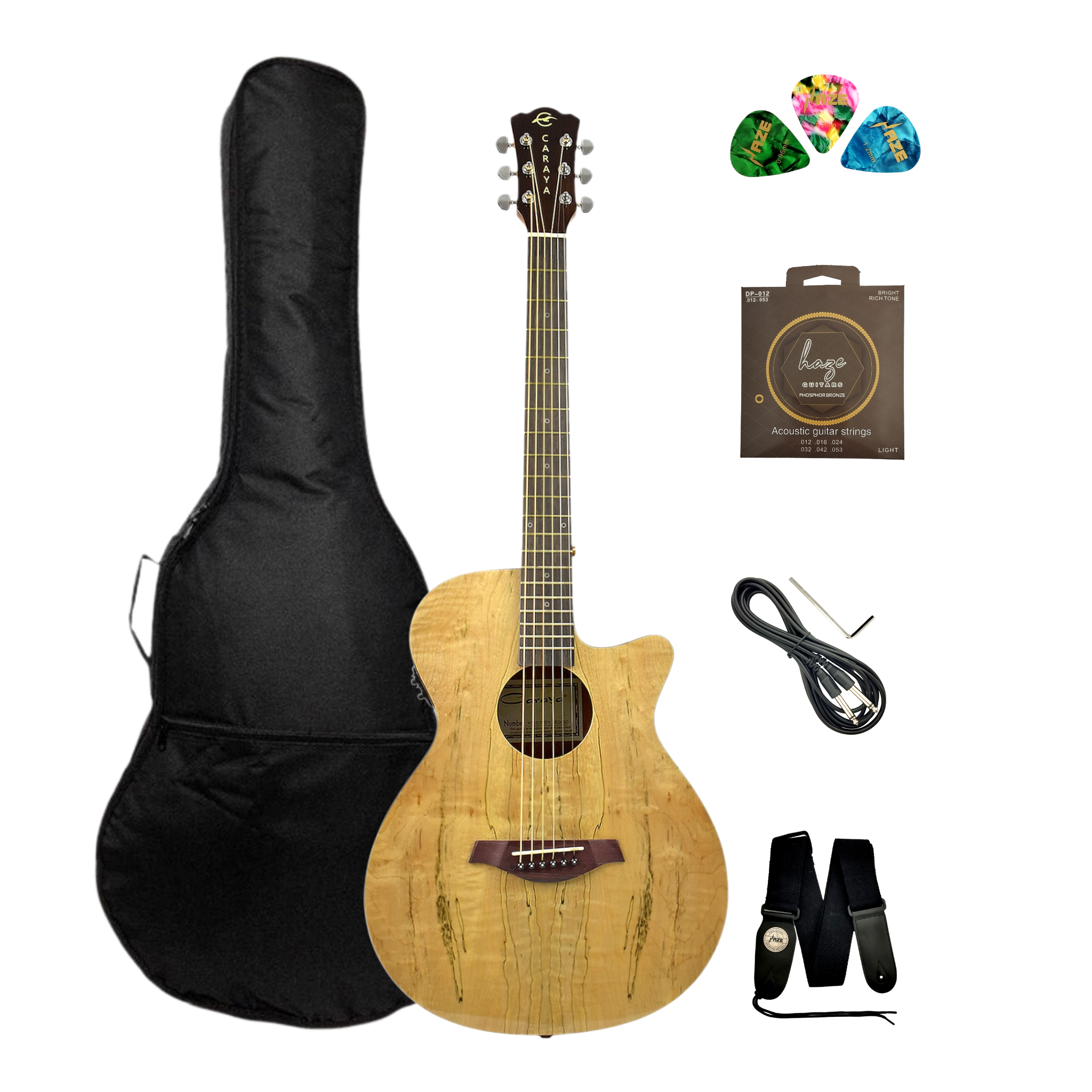 Caraya HSGYPSYCEQGC Spalted Spruce Built-In Pickups/Tuner OM Cutaway Acoustic Guitar - Natural