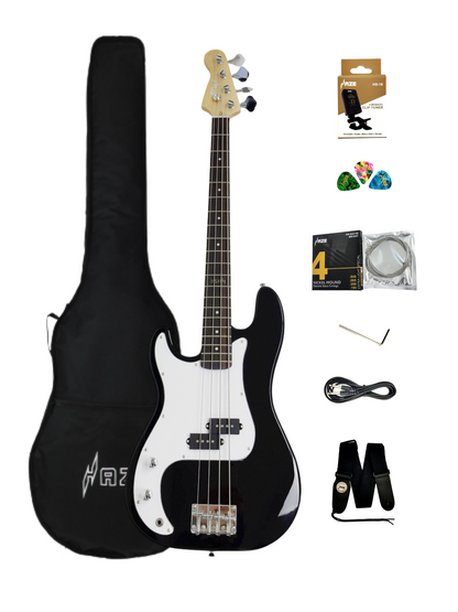 Left-Handed Haze HSPB1901BKBHL 4-String Electric Bass Guitar + Free Bag, Tuner, 3 Picks