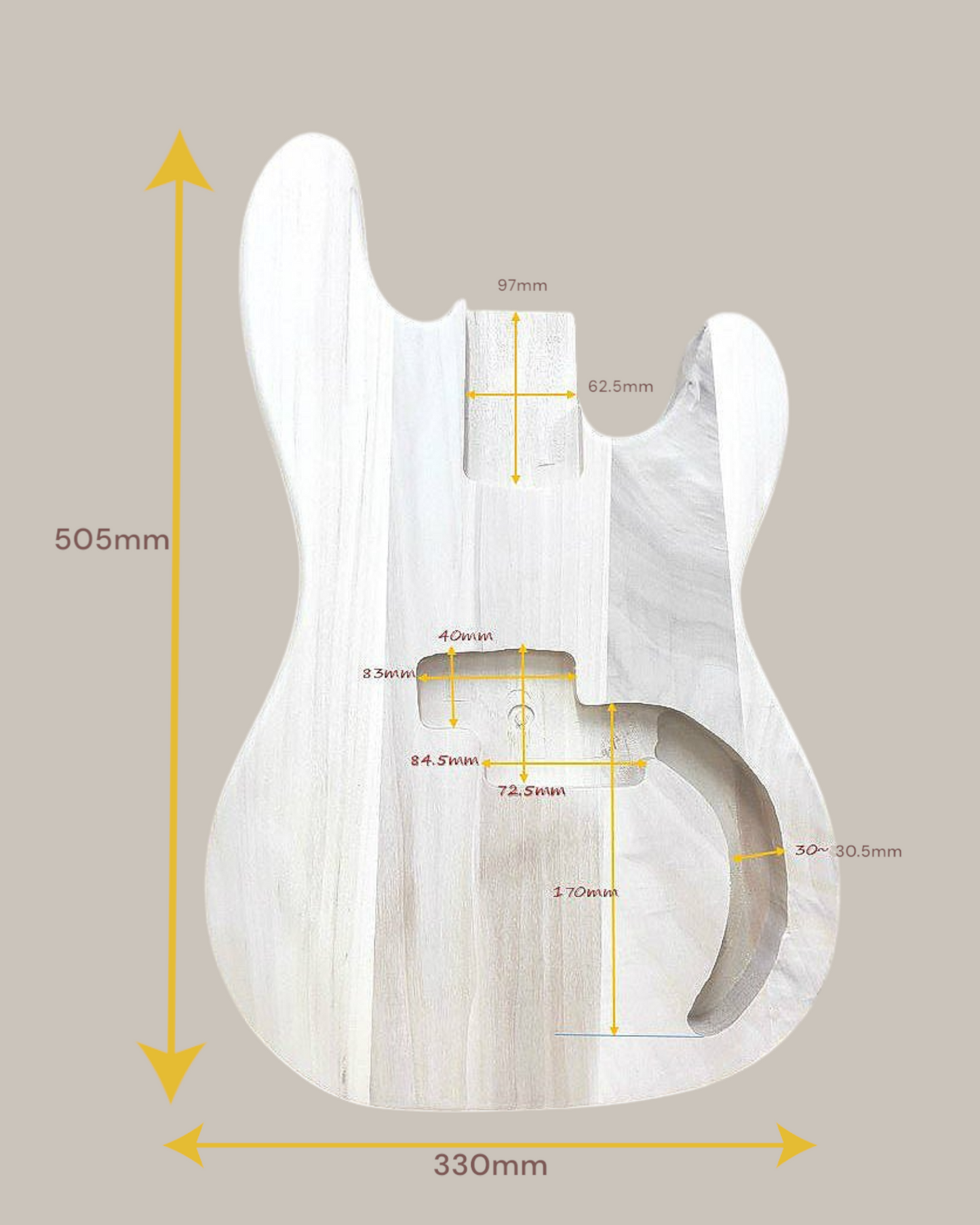 HSPB1910BO Solid Basswood Electric Bass Guitar Body, Pre-Drilled, Polished