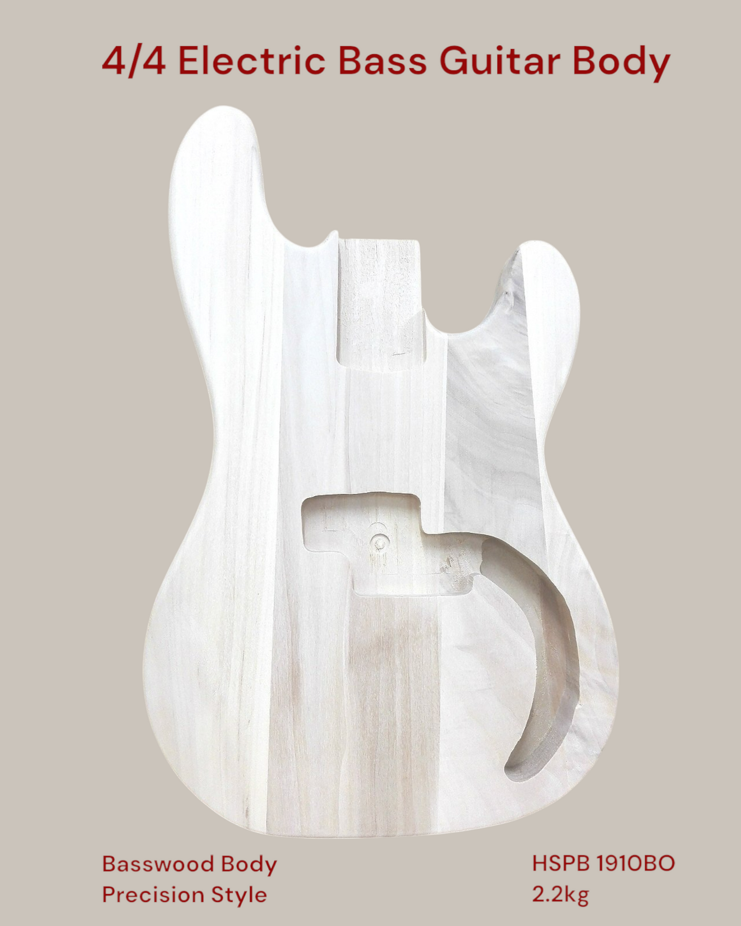 HSPB1910BO Solid Basswood Electric Bass Guitar Body, Pre-Drilled, Polished