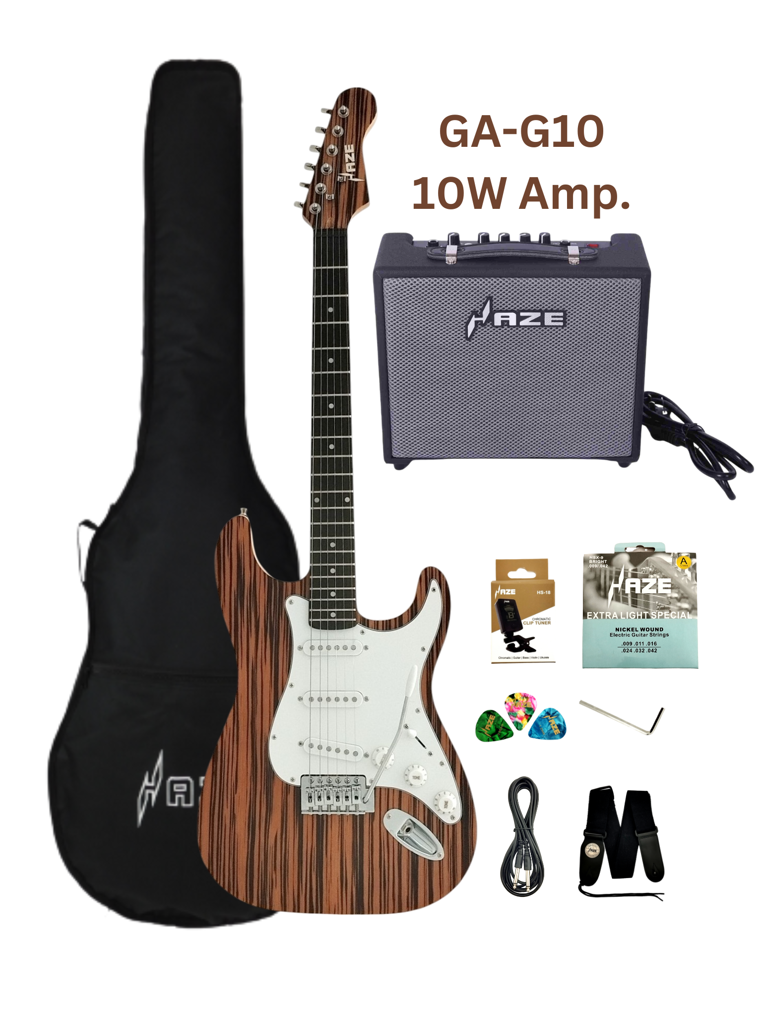 Haze HSST19 Brown Striped Lightweight Electric Guitar with Whammy + 10W Amp. (Optional)