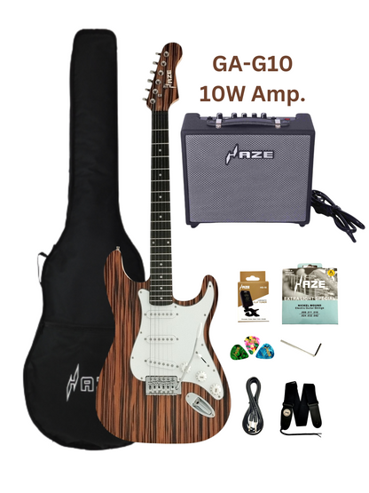 Haze Lightweight Solid Paulownia Exotic Cocobolo Veneer HST Electric Guitar - Brown HSST1901AF852 with Accessories + 10W Amp. (Optional)