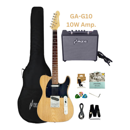 Haze HSTL191 Natural Electric Guitar with Ash Burl Top + 10W Amp. (Optional)