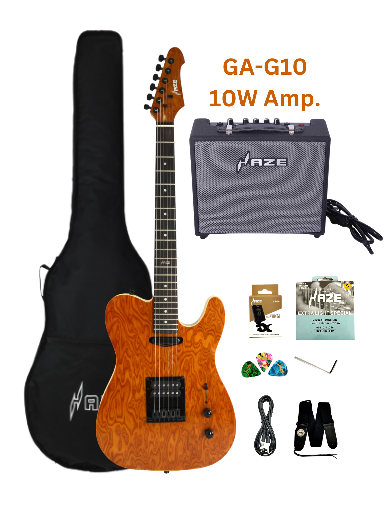 Haze HSTL1930 Orange Swirl Lightweight Electric Guitar with Paulownia Top + 10W Amp. (Optional)