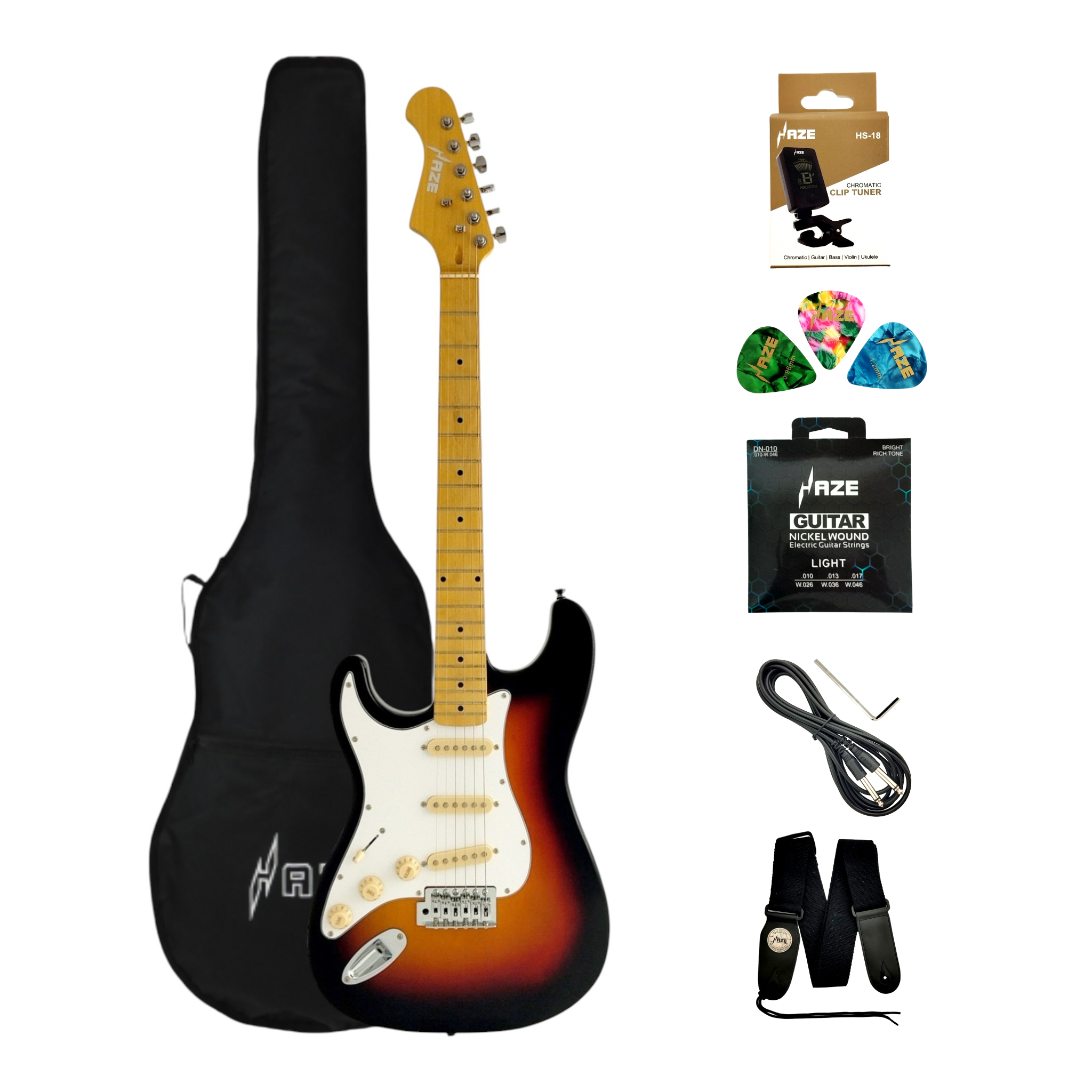 Haze 11HSST Sunburst Left-Handed SSS Electric Guitar + 10W Amp. (Optional)