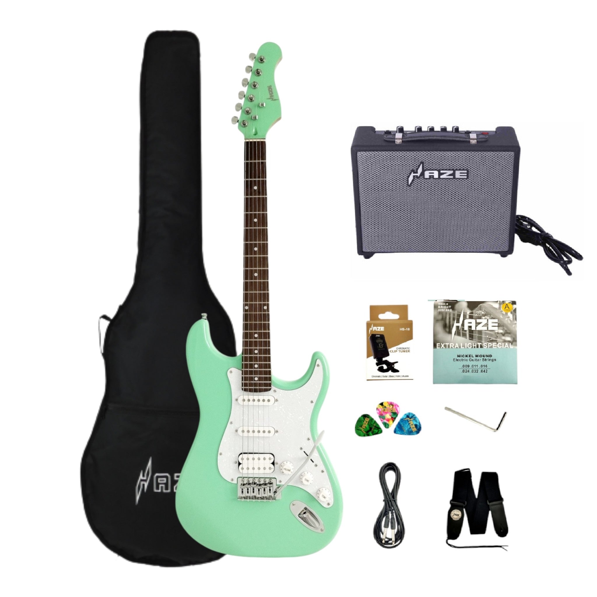 Haze E211 Surf Green HST Electric Guitar with Accessories + 10W Amp. (Optional)