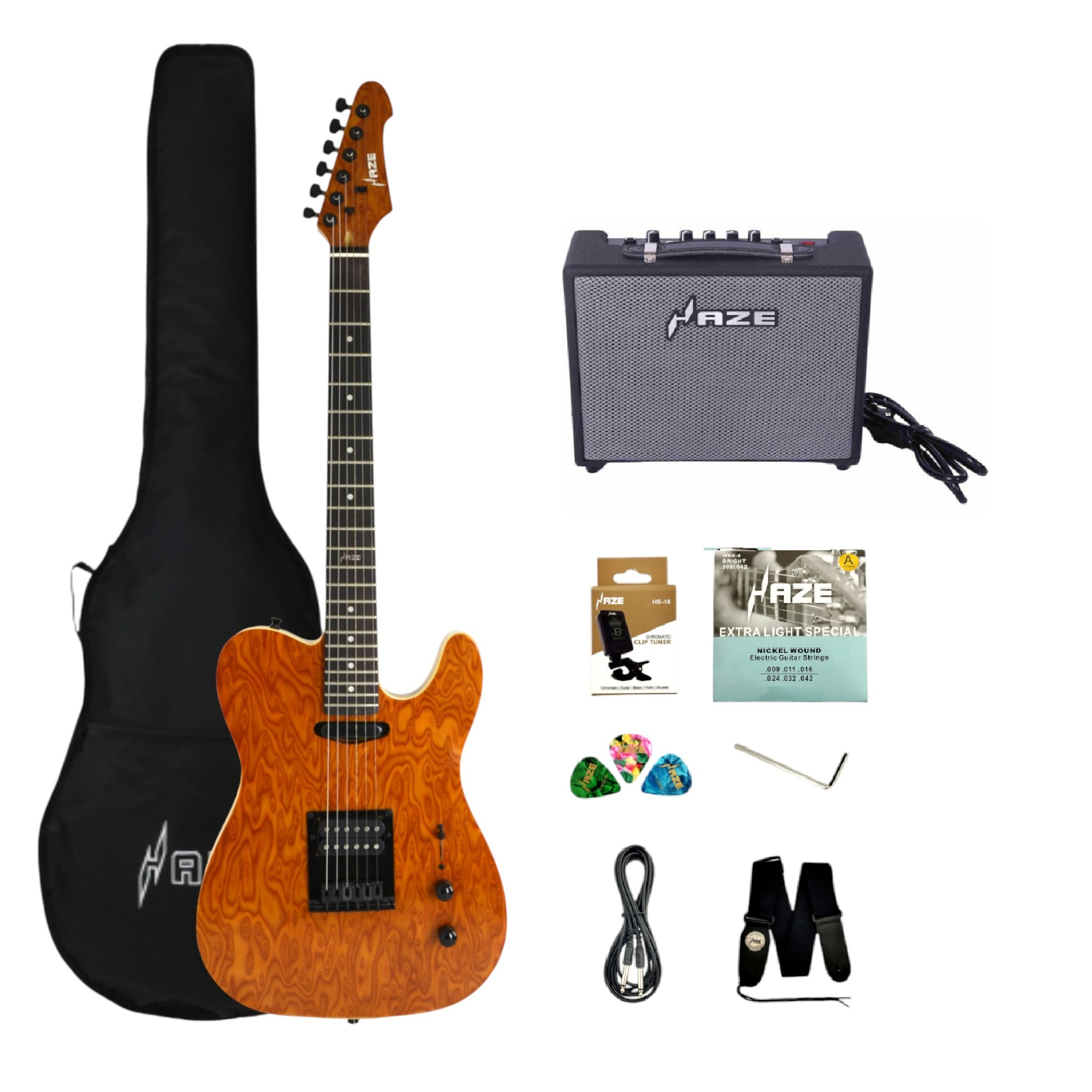 Haze HSTL1930 Orange Swirl Lightweight Electric Guitar with Paulownia Top + 10W Amp. (Optional)