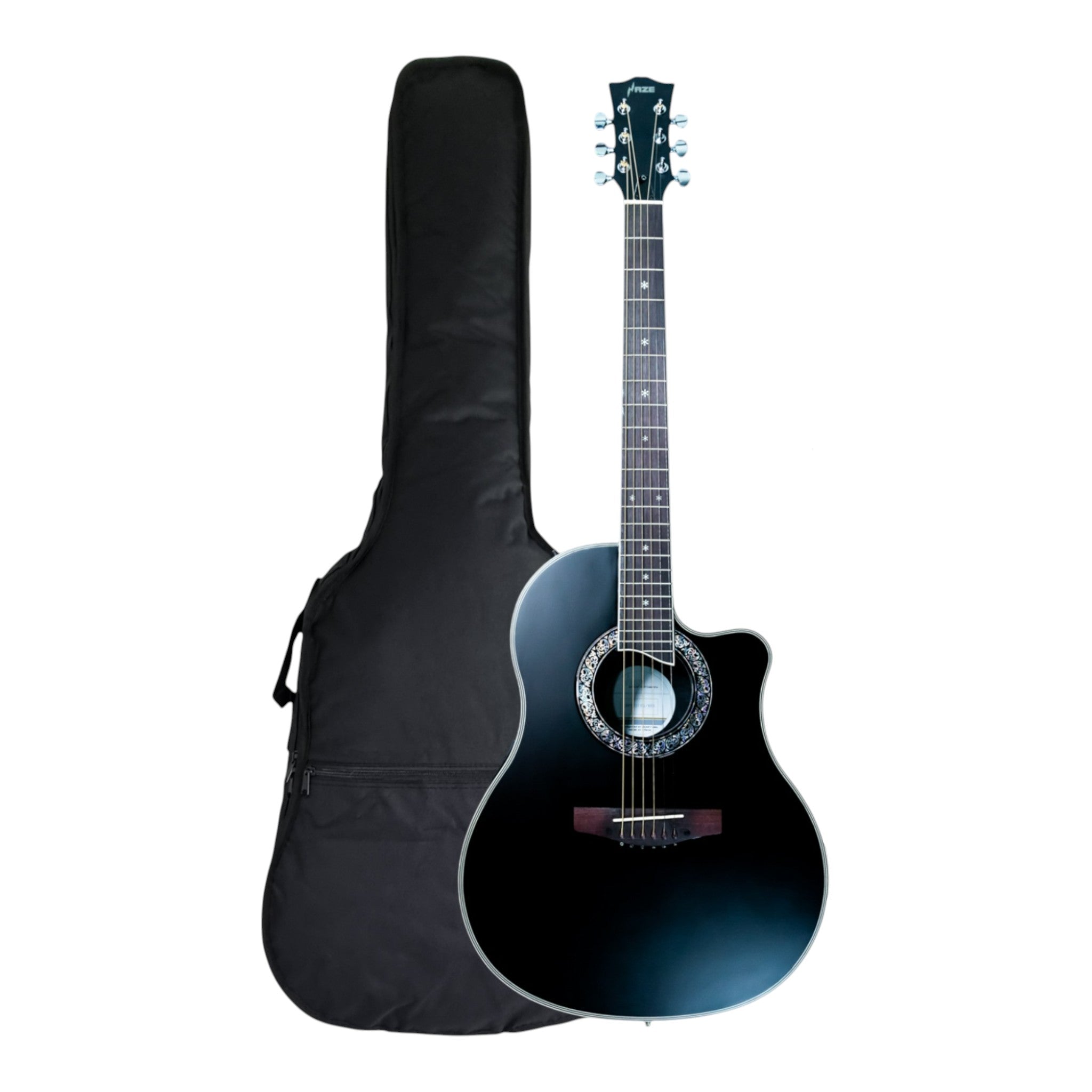 Haze SP721CEQMBK Roundback Built-In Pickups Fibre Glass Back Acoustic Guitar - Black