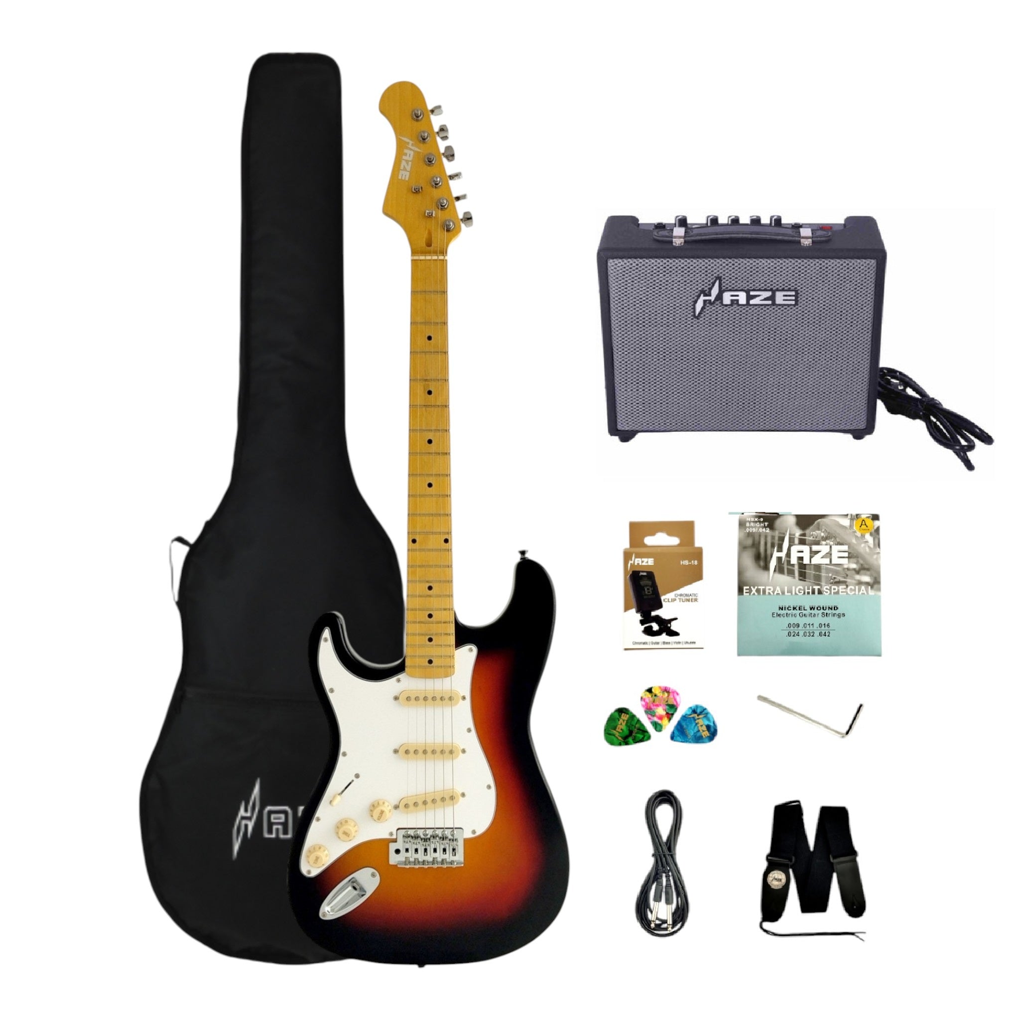 Haze 11HSST Sunburst Left-Handed SSS Electric Guitar + 10W Amp. (Optional)