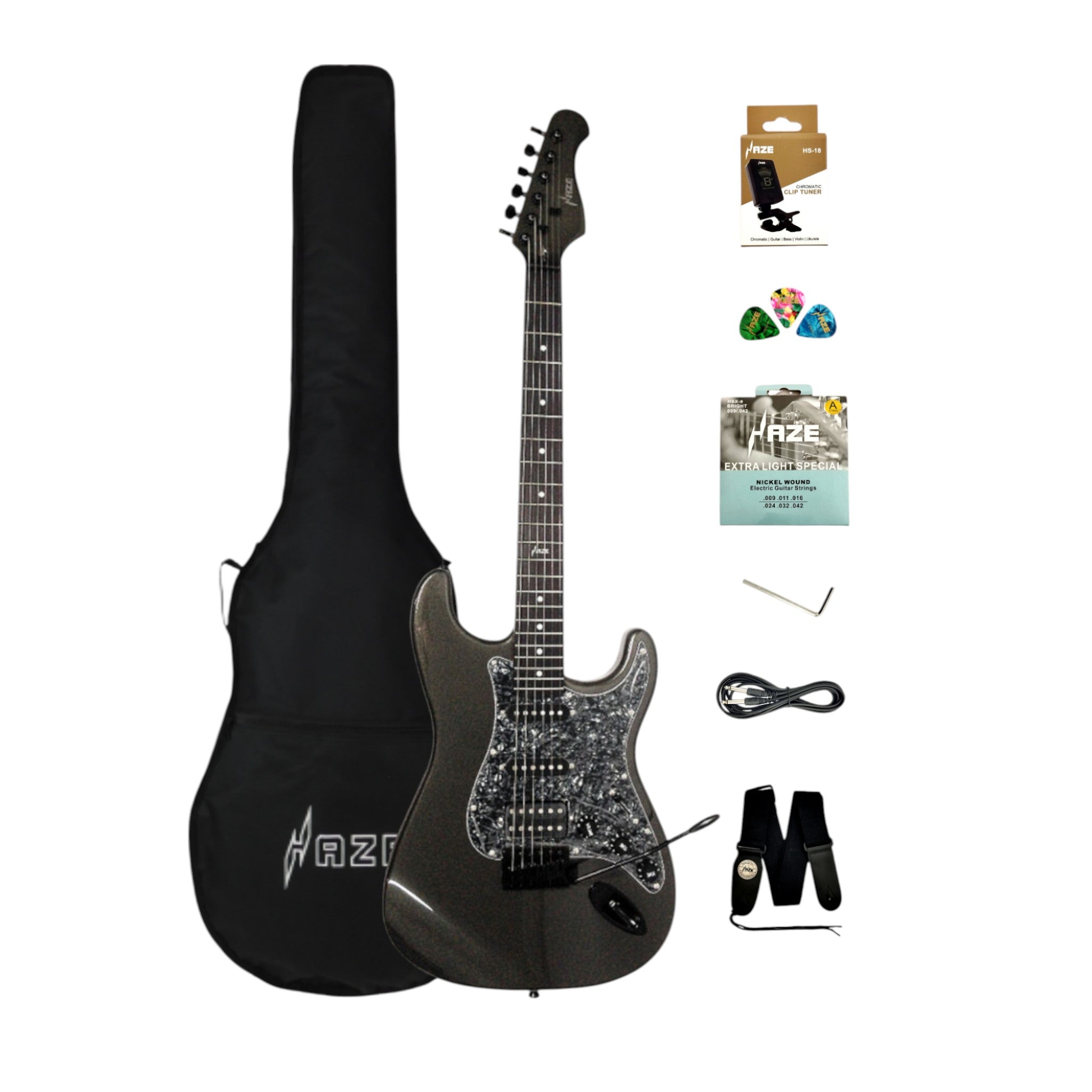 Haze E211 Gunmetal Grey HST Electric Guitar with Accessories + 10W Amp. (Optional)