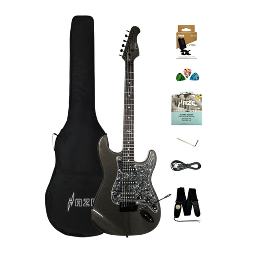 Haze E211 Gunmetal Grey HST Electric Guitar with Accessories + 10W Amp. (Optional)