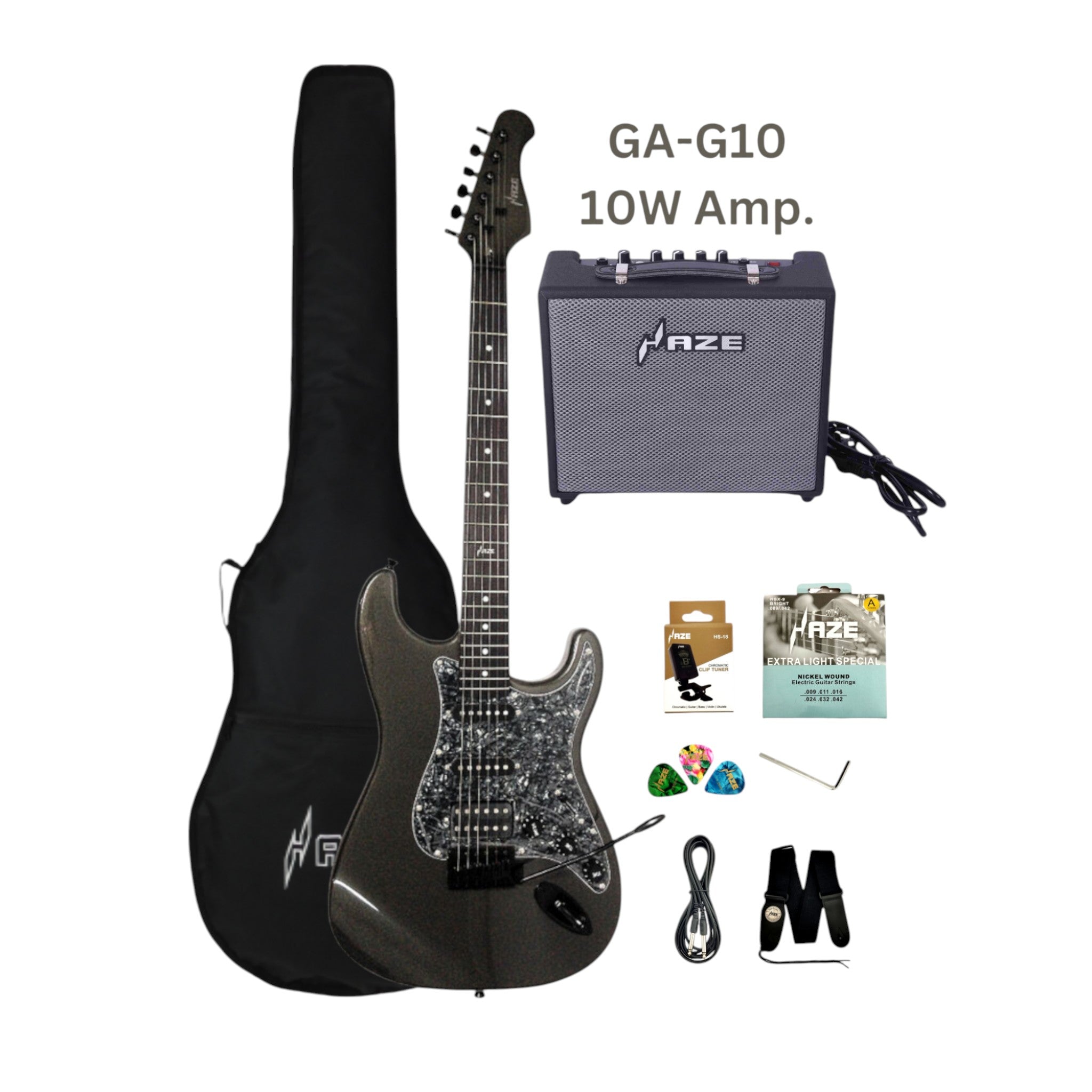 Haze E211 Gunmetal Grey HST Electric Guitar with Accessories + 10W Amp. (Optional)