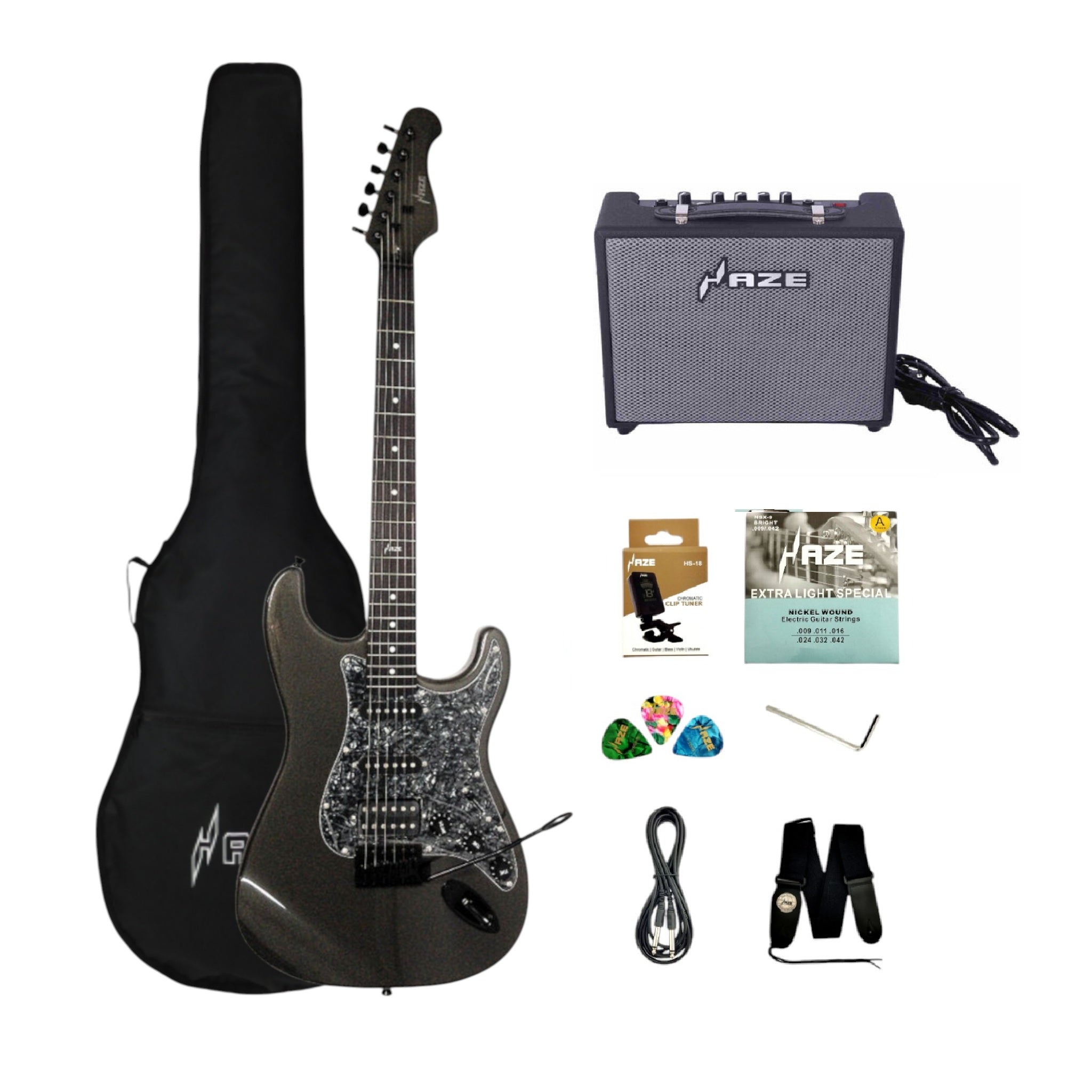 Haze E211 Gunmetal Grey HST Electric Guitar with Accessories + 10W Amp. (Optional)