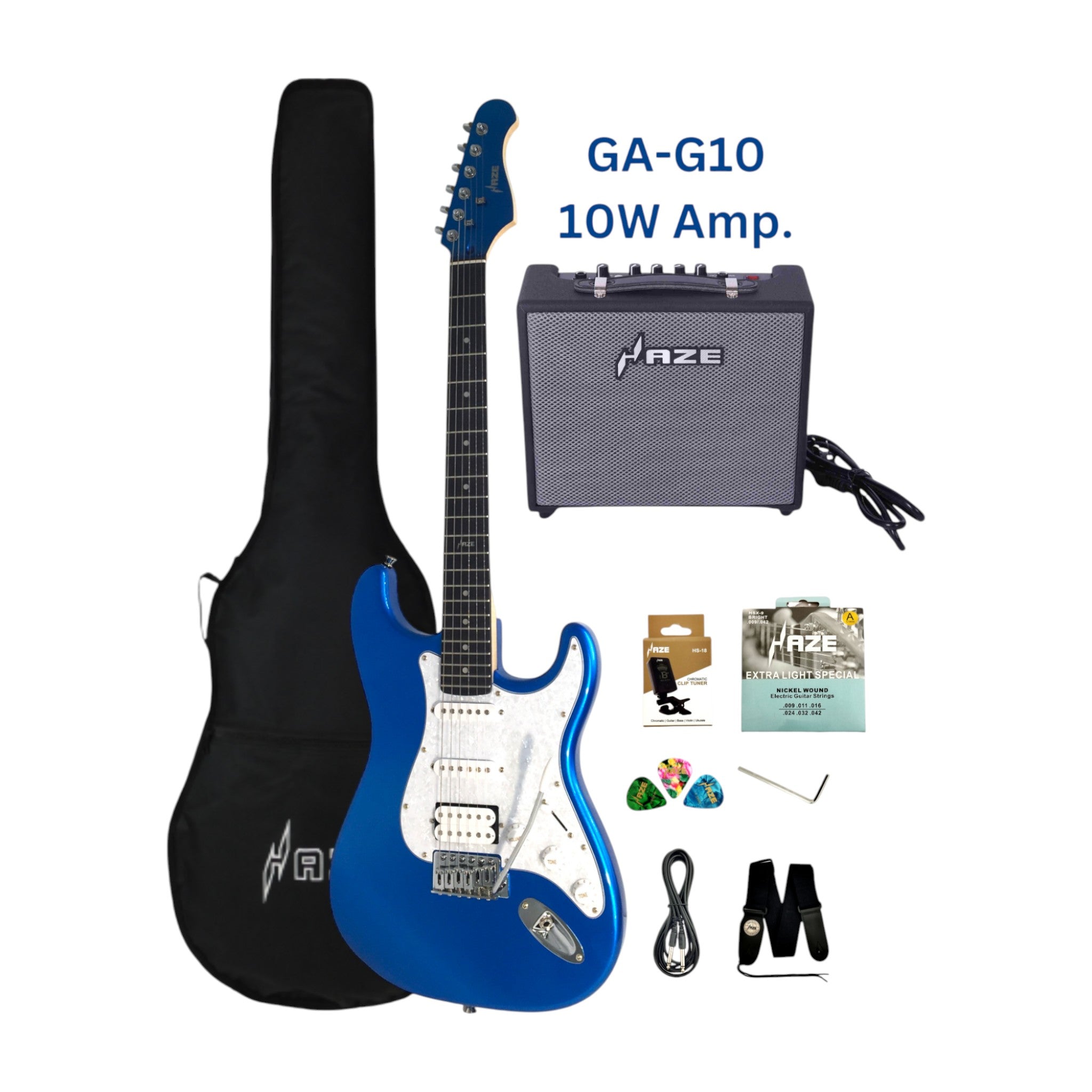Haze E211 Classic Blue HST Electric Guitar with Accessories + 10W Amp. (Optional)