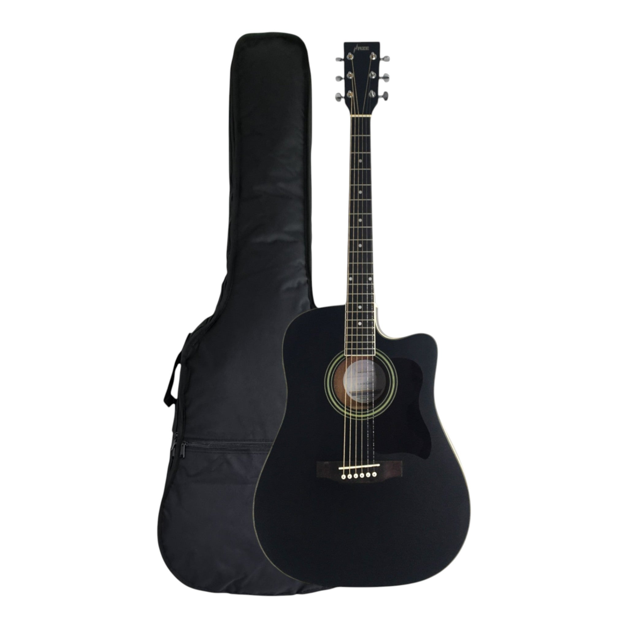Haze F650CEQMBK Spruce Top Built-In Pickup/Tuner Dreadnought Acoustic Guitar - Black with Accessories and 10W Amp. (Optional)