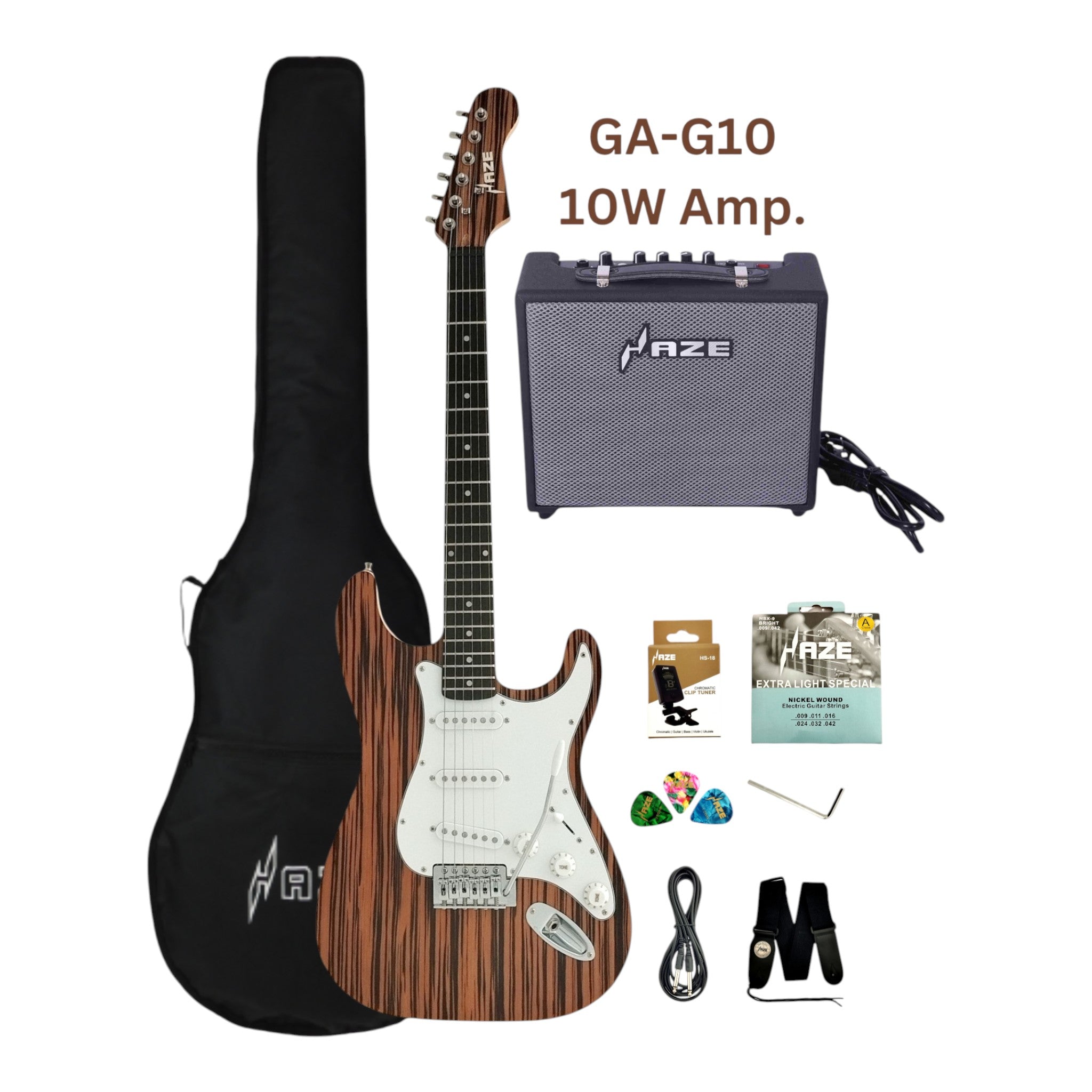 Haze HSST19 Brown Striped Lightweight Electric Guitar with Whammy + 10W Amp. (Optional)