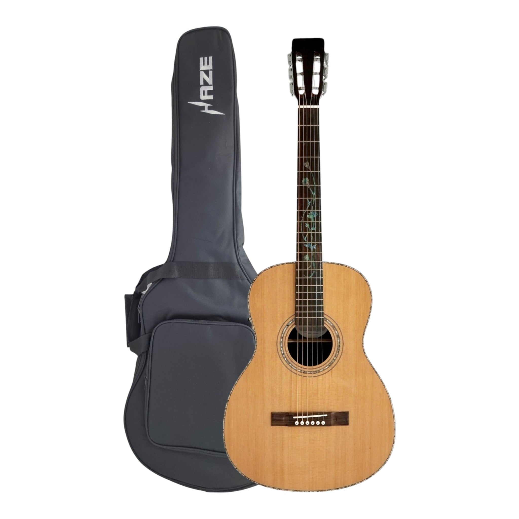 Haze Lotus CREQ Concert Acoustic-Electric Guitar – Solid Cedar Top, Gloss Natural, Abalone Vine Inlay