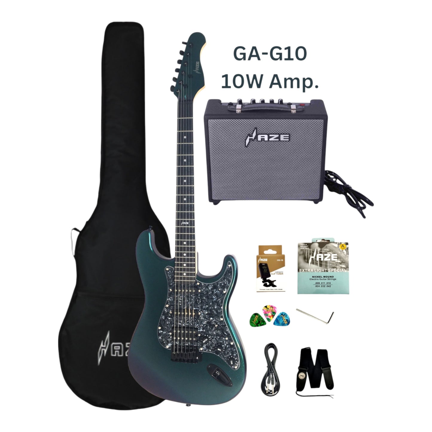Haze SEG211 Chameleon Green/Purple HST Electric Guitar + 10W Amp. (Optional)