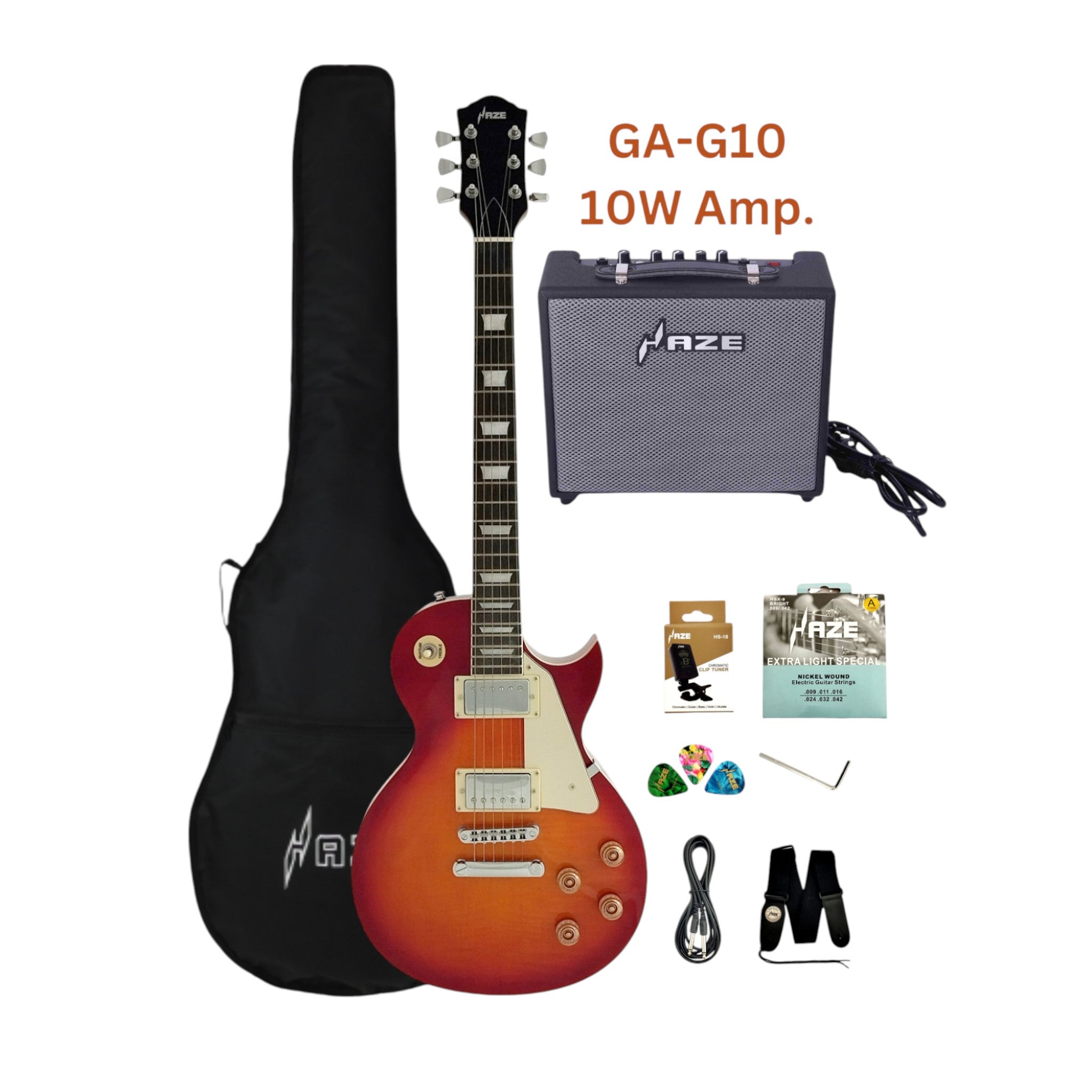 Haze SEG277 Cherryburst Electric Guitar with Humbuckers and Flame Maple Top + 10W Amp. (Optional)