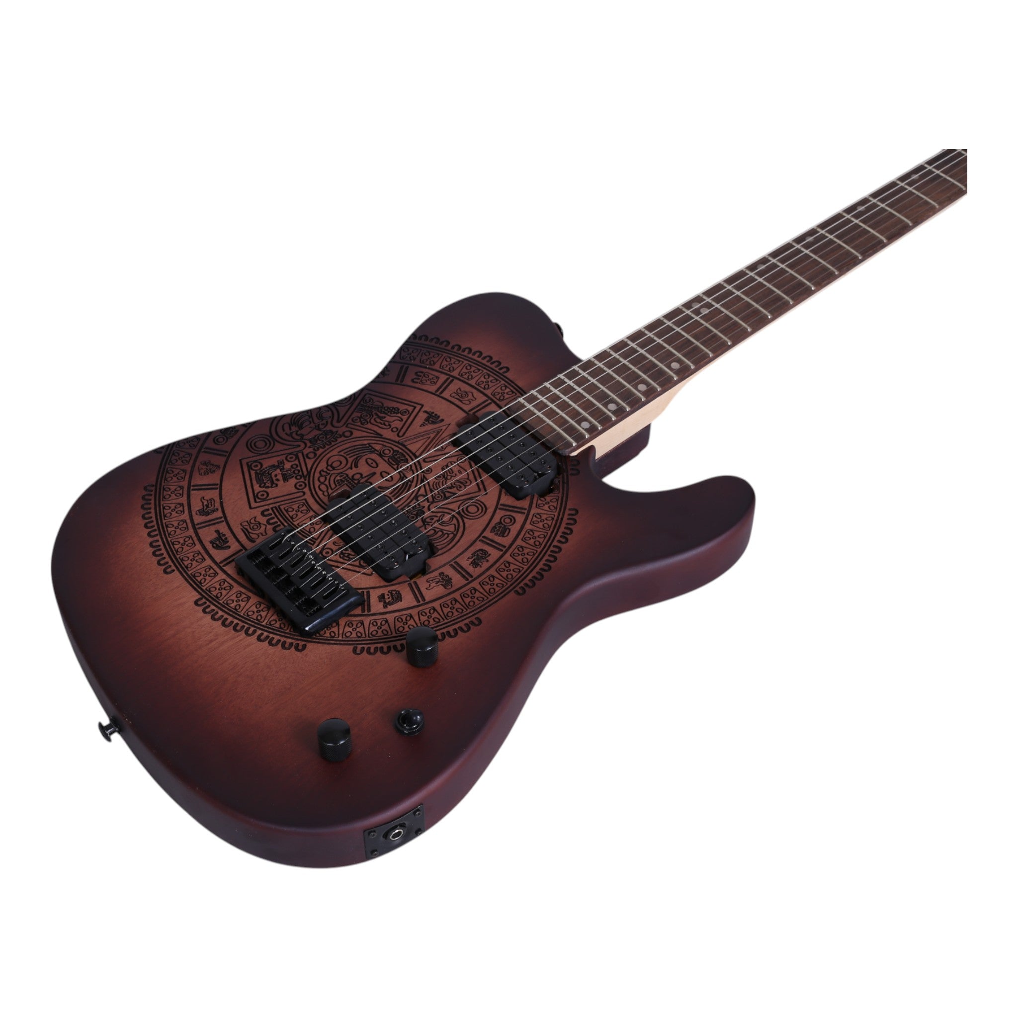 Haze TL197 Engraved Vintageburst "Aztec Sun" HH Electric Guitar with Dual Humbuckers