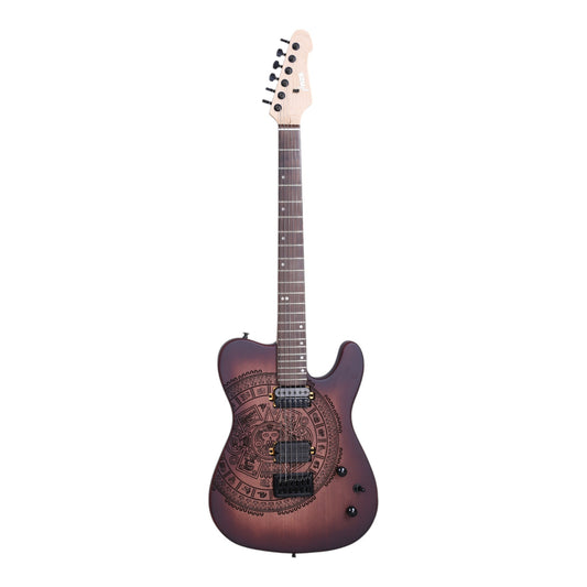 Haze TL197 Engraved Vintageburst "Aztec Sun" HH Electric Guitar with Dual Humbuckers