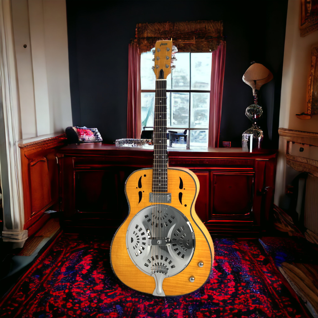 Haze SDG727 Roundneck Resonator Guitar, Flame Maple, with Pickups + Free Gig Bag