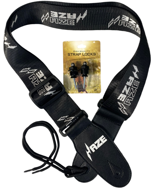 Haze HJKBK Black Guitar Strap Locks + Haze Strap Combo