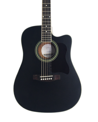 Haze F650CEQMBK Spruce Top Built-In Pickup/Tuner Dreadnought Acoustic Guitar - Black with Accessories and 10W Amp. (Optional)