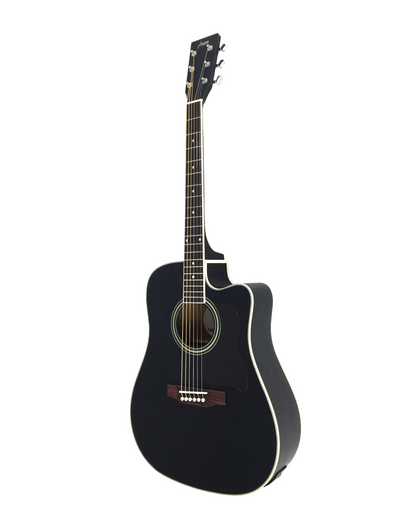 Haze F650CEQMBK Spruce Top Built-In Pickup/Tuner Dreadnought Acoustic Guitar - Black with Accessories and 10W Amp. (Optional)