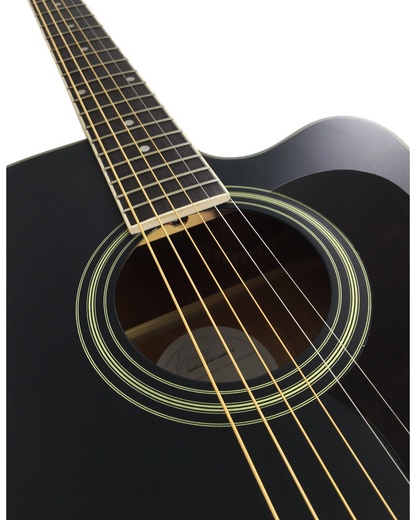 Haze F650CEQMBK Spruce Top Built-In Pickup/Tuner Dreadnought Acoustic Guitar - Black with Accessories and 10W Amp. (Optional)