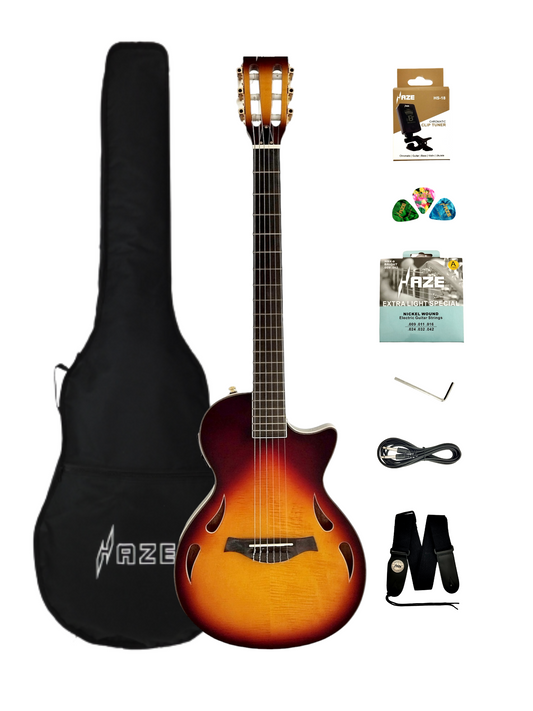 Haze Semi-Hollow Nylon-String Piezo HLP Electric Guitar - Sunburst MRC602FHCEQSB