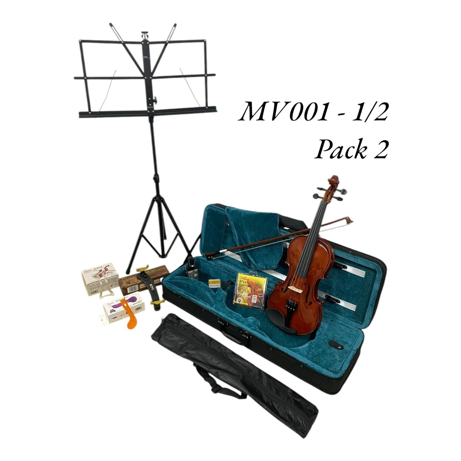 Caraya MV001 Solid Spruce Top 4/4 to 1/16 Size Violin Outfit in Natural Gloss - Beginner Bundle (MV001PK2)