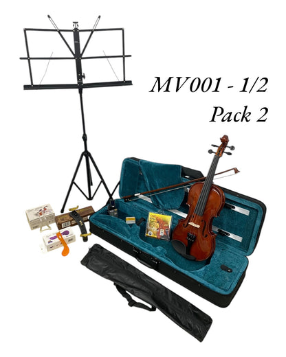 Caraya MV001 Solid Spruce Top 4/4 to 1/16 Size Violin Outfit in Natural Gloss - Beginner Bundle (MV001PK2)
