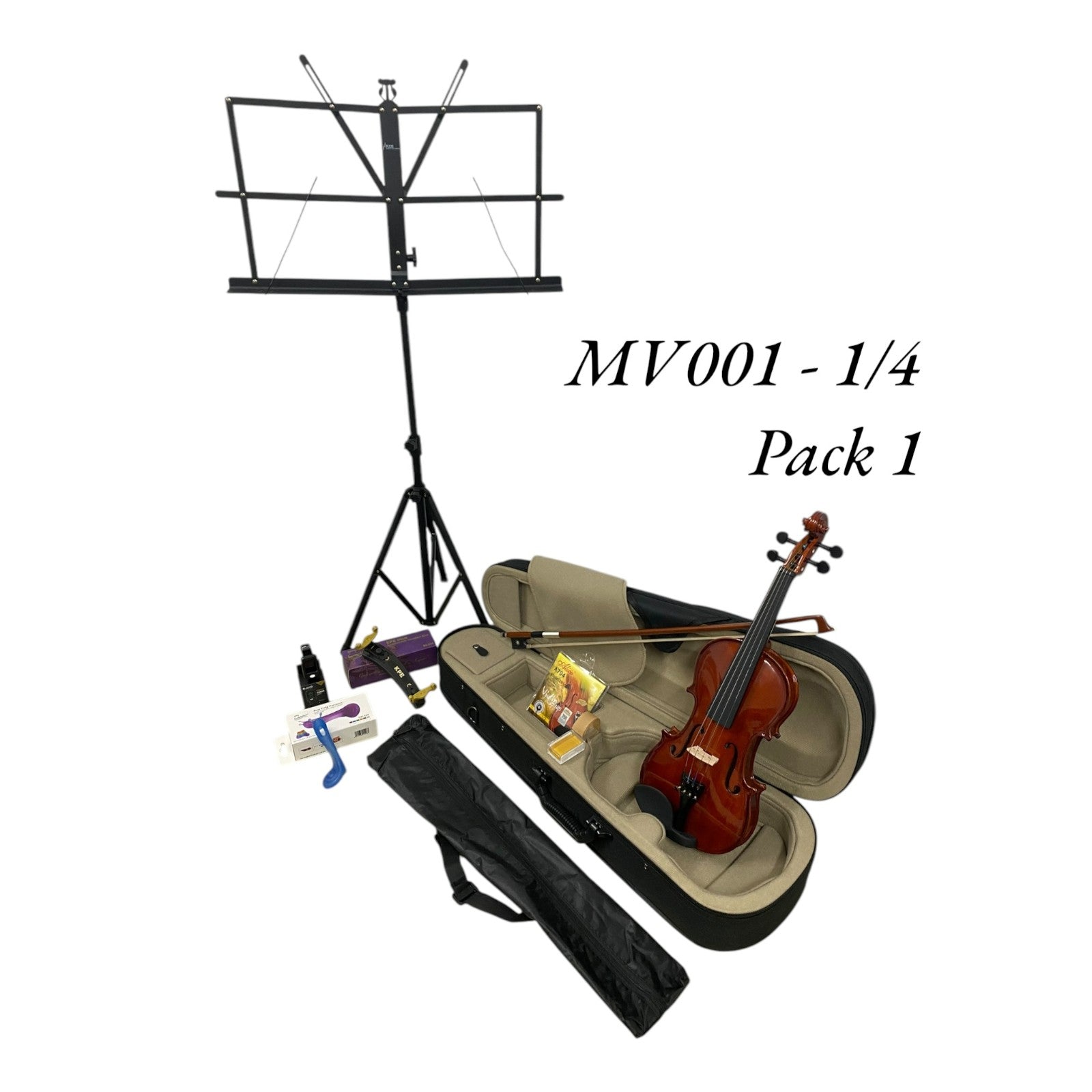 Caraya MV001 Solid Spruce Top 4/4 to 1/16 Size Violin Outfit in Natural Gloss - Student Bundle (MV001PK1)