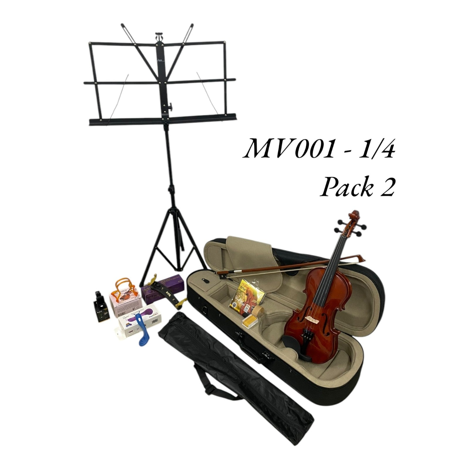 Caraya MV001 Solid Spruce Top 4/4 to 1/16 Size Violin Outfit in Natural Gloss - Beginner Bundle (MV001PK2)