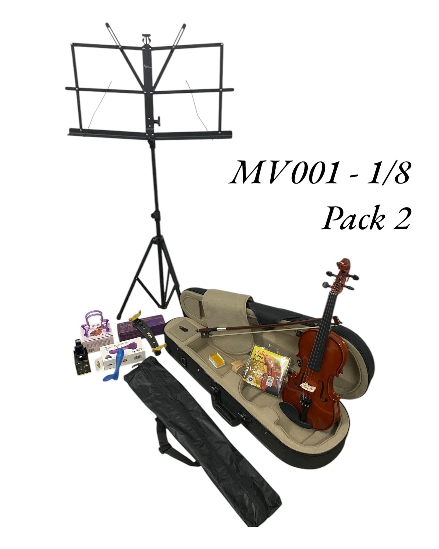 Caraya MV001 Solid Spruce Top 4/4 to 1/16 Size Violin Outfit in Natural Gloss - Beginner Bundle (MV001PK2)