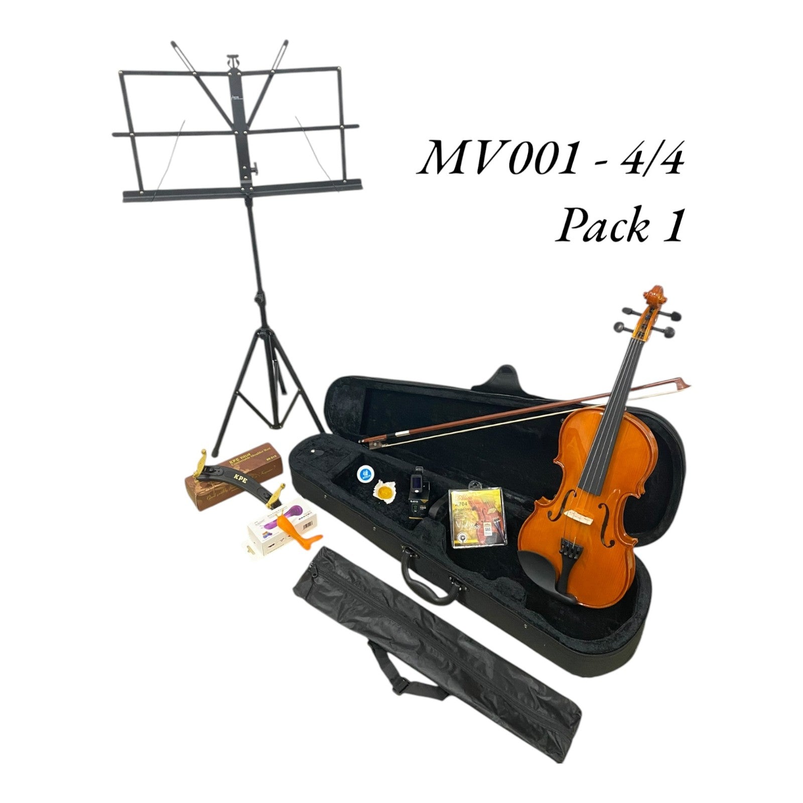 Caraya MV001 Solid Spruce Top 4/4 to 1/16 Size Violin Outfit in Natural Gloss - Student Bundle (MV001PK1)