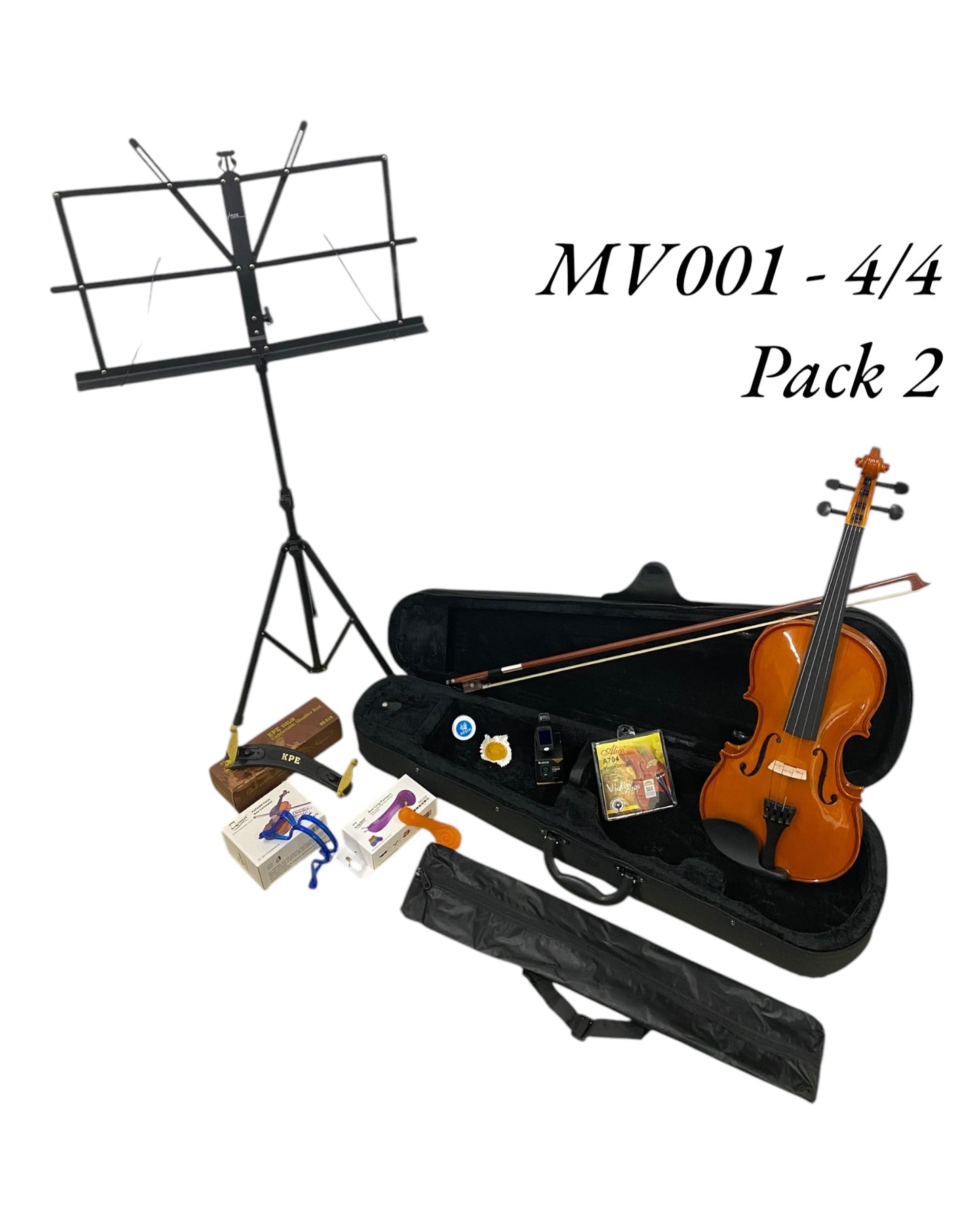Caraya MV001 Solid Spruce Top 4/4 to 1/16 Size Violin Outfit in Natural Gloss - Beginner Bundle (MV001PK2)