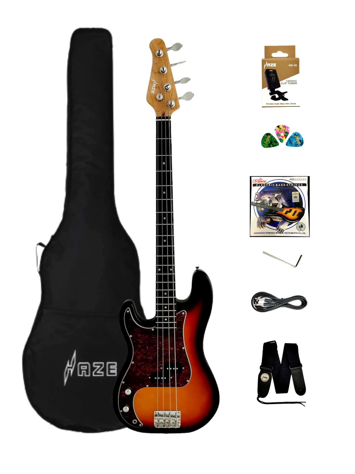 Haze Left Handed Basswood Sunburst Electric Bass Guitar - PB172BSLH with Accessories and 10W Amp. (Optional)