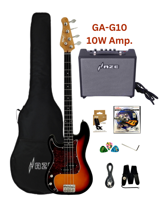 Haze Left Handed Basswood Sunburst Electric Bass Guitar - PB172BSLH with Accessories and 10W Amp. (Optional)