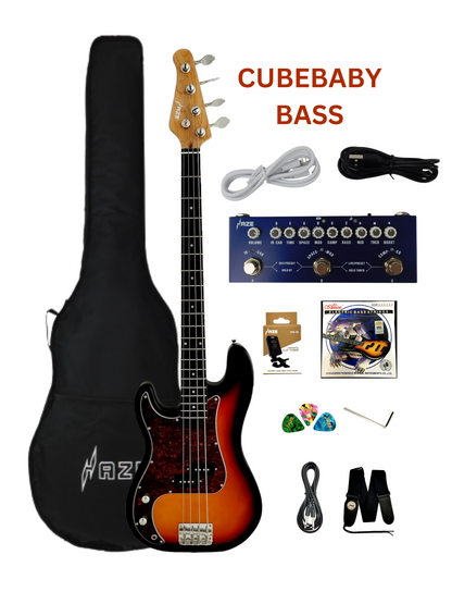 Haze Left Handed Basswood Sunburst Electric Bass Guitar - PB172BSLH  with Accessories and Haze CUBEBABY Portable Multifunctional Bass (Optional)